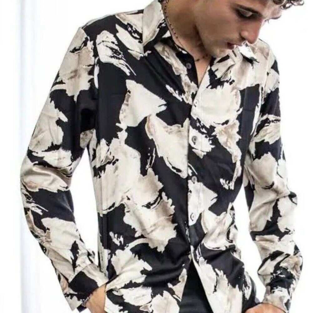 AKINGS‎ Floral Satin Shirt Medium M Black Button Up Down